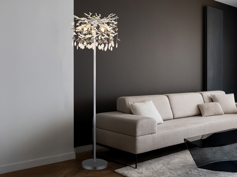 Ausgefallene LED Stehlampe Silber mit Glas Kristall 2-farbig, Höhe 155cm