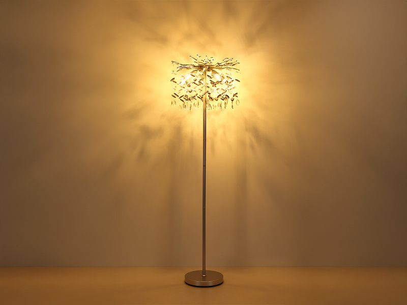 Ausgefallene LED Stehlampe Silber mit Glas Kristall 2-farbig, Höhe 155cm