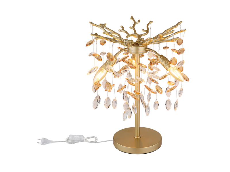 Ausgefallene LED Tischlampe Gold mit Glas Kristall 2-farbig, Höhe 50cm