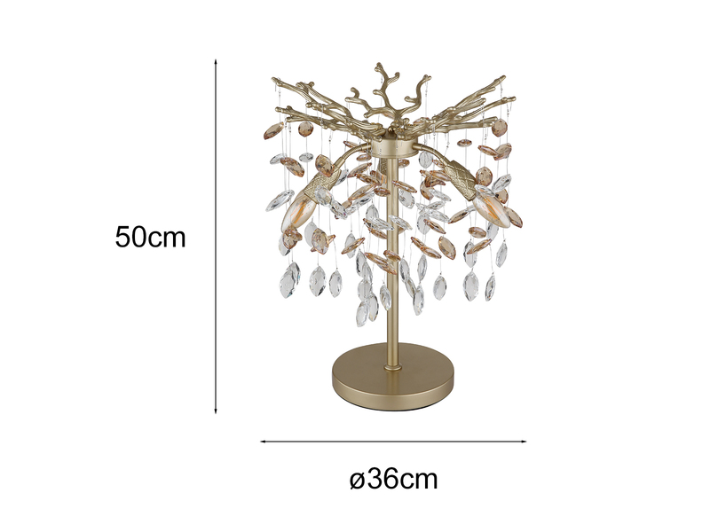 Ausgefallene LED Tischlampe Gold mit Glas Kristall 2-farbig, Höhe 50cm