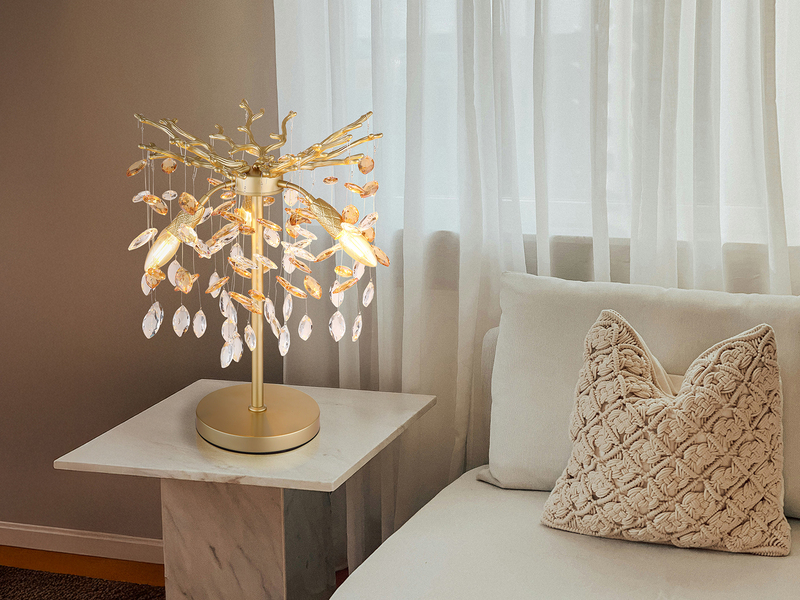 Ausgefallene LED Tischlampe Gold mit Glas Kristall 2-farbig, Höhe 50cm