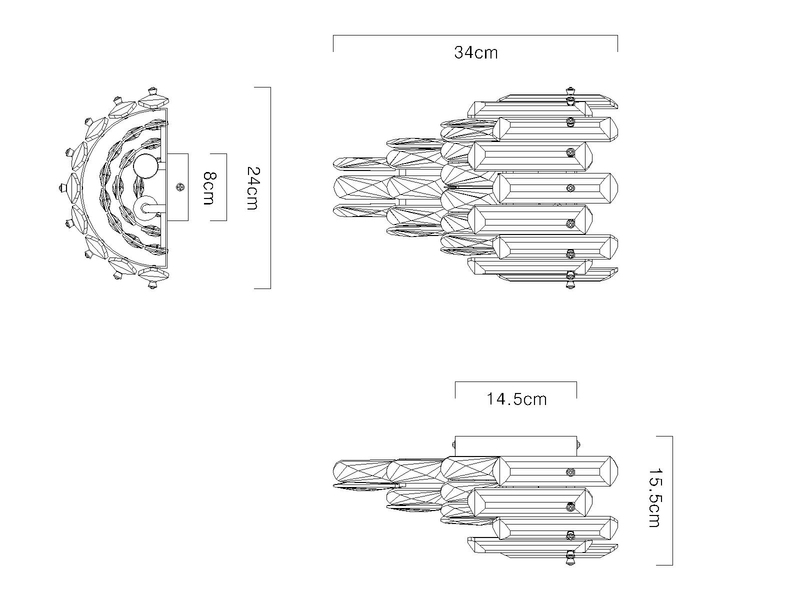 LED Wandleuchte mit Acryl Kristallen und Rauchglas Stäben, Höhe 34cm