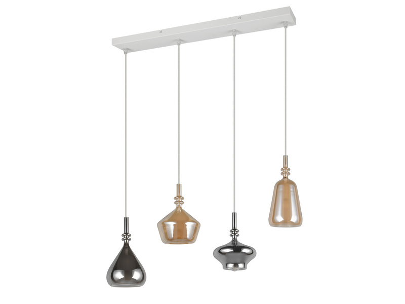 Pendelleuchte 4-flammig Glas Bernstein & Chrom verspiegelt mit E14 LED, 74,5cm