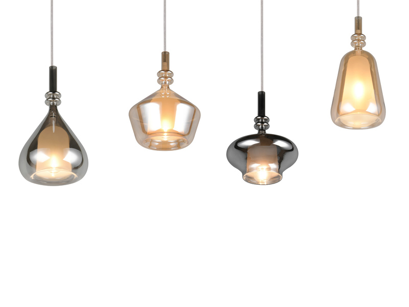 LED Pendelleuchte 4-flammig mit Glas Bernstein & Chrom verspiegelt, B: 74,5cm