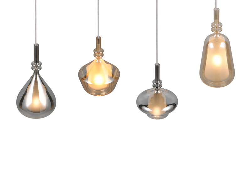 LED Pendelleuchte 4-flammig mit Glas Bernstein & Chrom verspiegelt, B: 74,5cm