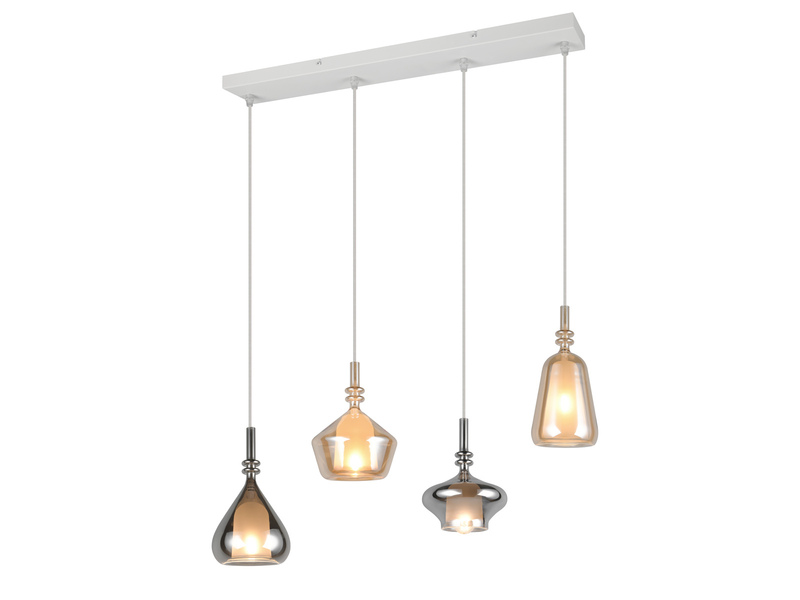 LED Pendelleuchte 4-flammig mit Glas Bernstein & Chrom verspiegelt, B: 74,5cm
