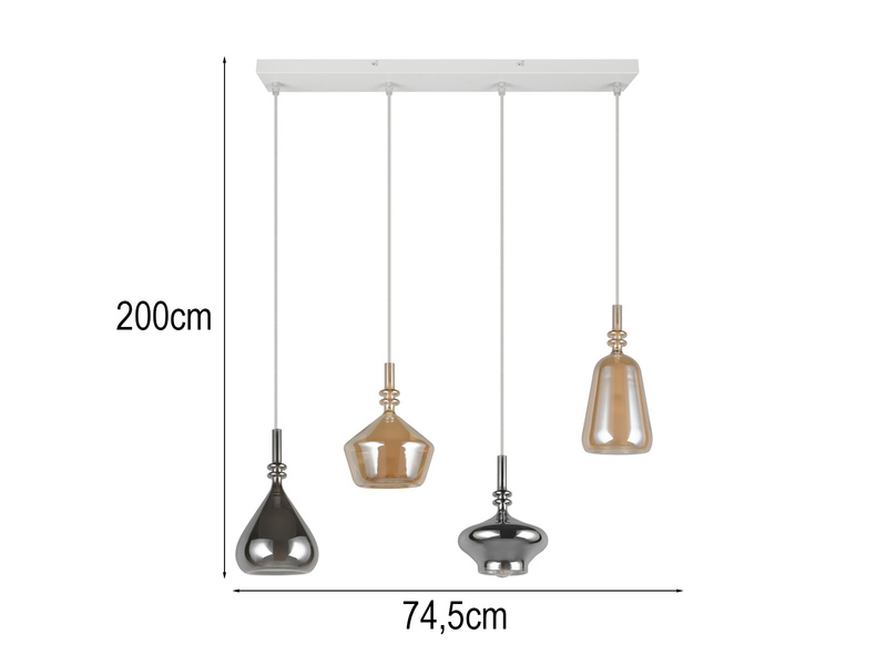 Pendelleuchte 4-flammig Glas Bernstein & Chrom verspiegelt mit E14 LED, 74,5cm
