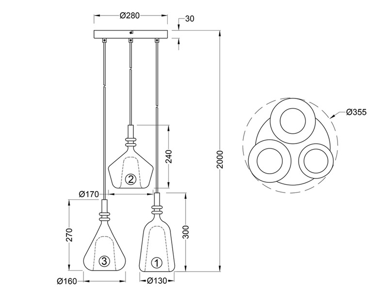 LED Cluster Pendelleuchte 3-flammig Glas Bernstein & Chrom verspiegelt, Ø 35cm