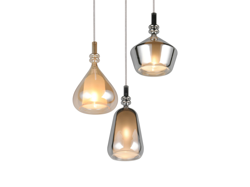 Pendelleuchte 3-flammig Glas Bernstein & Chrom verspiegelt mit E14 LED, Ø 35cm