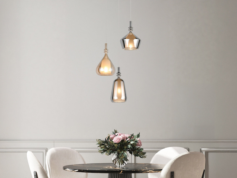 Pendelleuchte 3-flammig Glas Bernstein & Chrom verspiegelt mit E14 LED, Ø 35cm