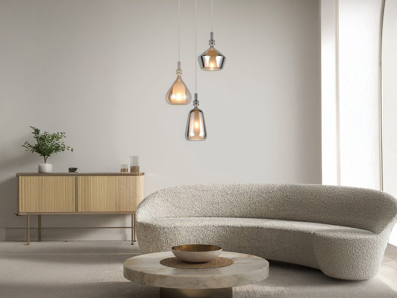 LED Cluster Pendelleuchte 3-flammig Glas Bernstein & Chrom verspiegelt, Ø 35cm