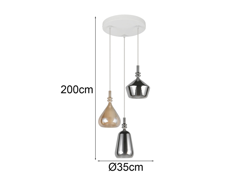 LED Cluster Pendelleuchte 3-flammig Glas Bernstein & Chrom verspiegelt, Ø 35cm