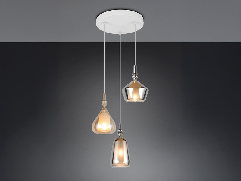 Pendelleuchte 3-flammig Glas Bernstein & Chrom verspiegelt mit E14 LED, Ø 35cm