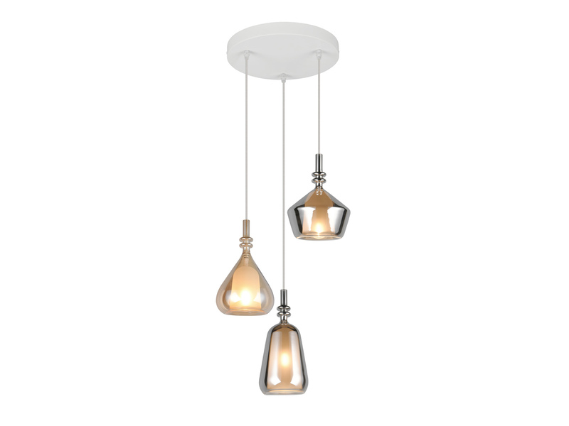 Pendelleuchte 3-flammig Glas Bernstein & Chrom verspiegelt mit E14 LED, Ø 35cm
