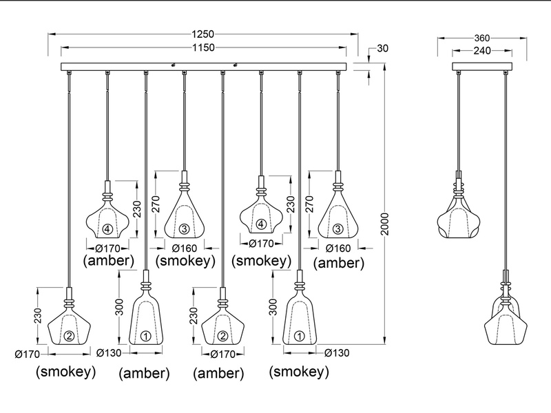 LED Pendelleuchte 8-flammig mit Glas in Bernstein & Chrom verspiegelt, B:125cm