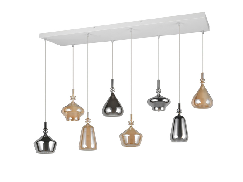 LED Pendelleuchte 8-flammig mit Glas in Bernstein & Chrom verspiegelt, B:125cm