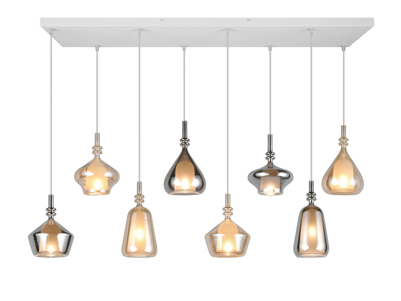 LED Pendelleuchte 8-flammig mit Glas in Bernstein & Chrom verspiegelt, B:125cm