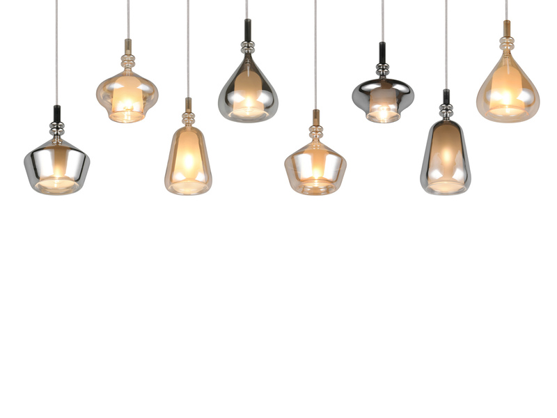 LED Pendelleuchte 8-flammig mit Glas in Bernstein & Chrom verspiegelt, B:125cm
