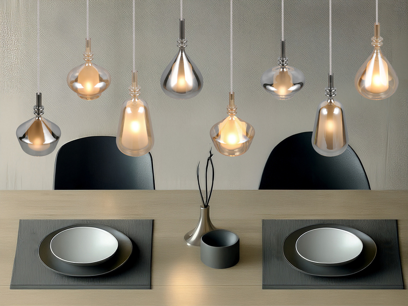 Pendelleuchte 8-flammig Glas in Bernstein & Chrom verspiegelt mit E14 LED, 125cm