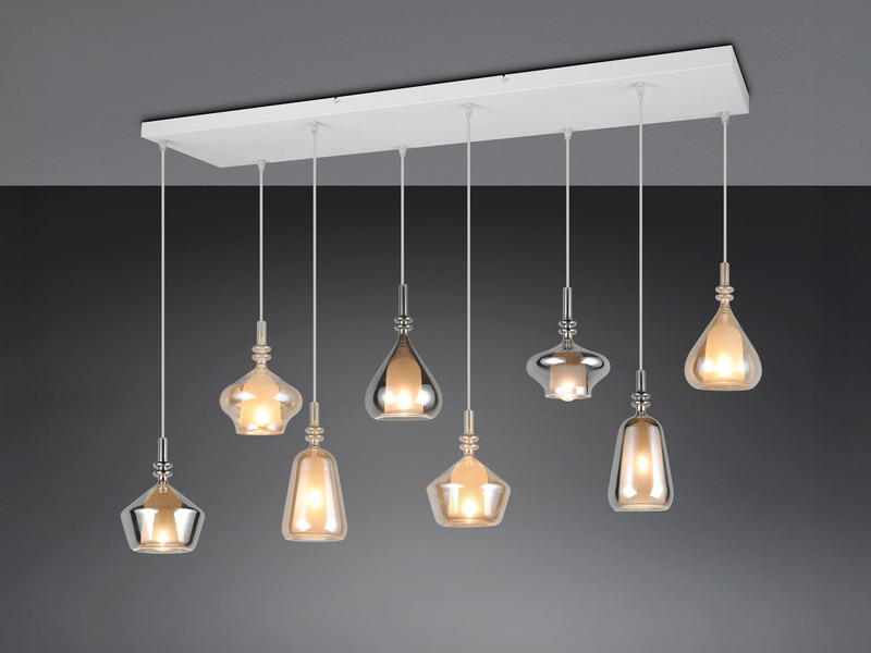 LED Pendelleuchte 8-flammig mit Glas in Bernstein & Chrom verspiegelt, B:125cm