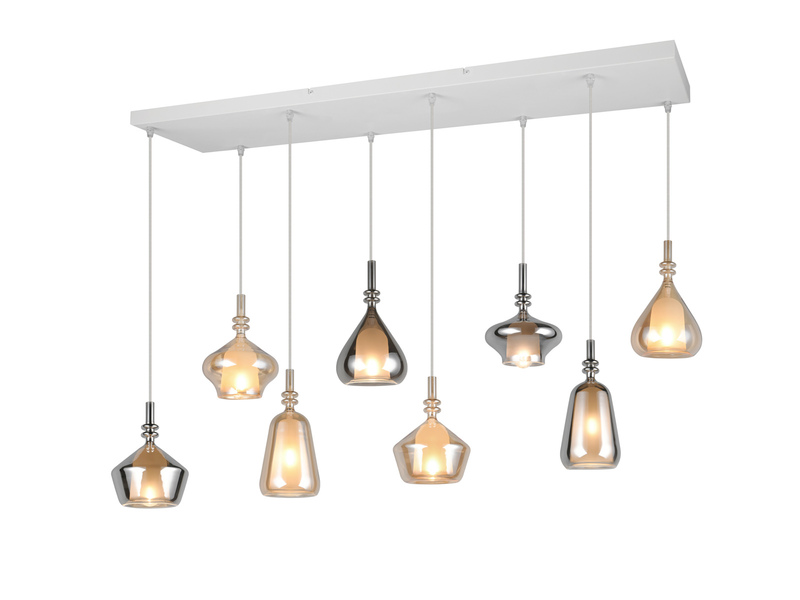 LED Pendelleuchte 8-flammig mit Glas in Bernstein & Chrom verspiegelt, B:125cm