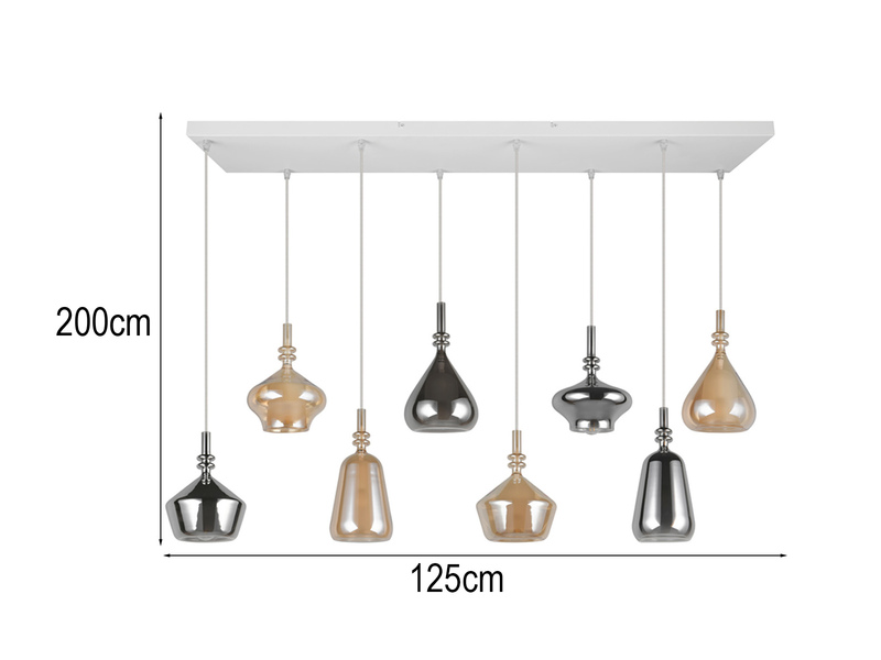 LED Pendelleuchte 8-flammig mit Glas in Bernstein & Chrom verspiegelt, B:125cm
