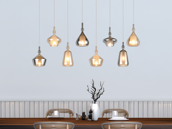 Pendelleuchte 8-flammig Glas in Bernstein & Chrom verspiegelt mit E14 LED, 125cm
