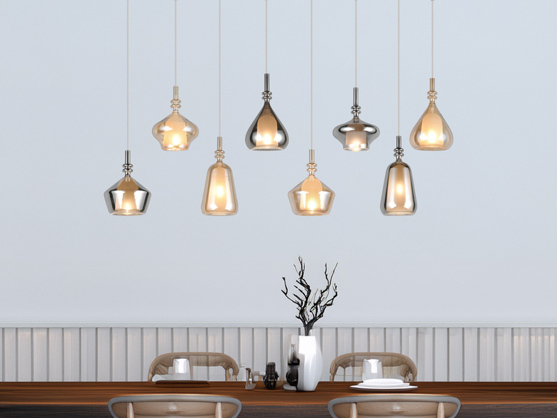 Pendelleuchte 8-flammig Glas in Bernstein & Chrom verspiegelt mit E14 LED, 125cm