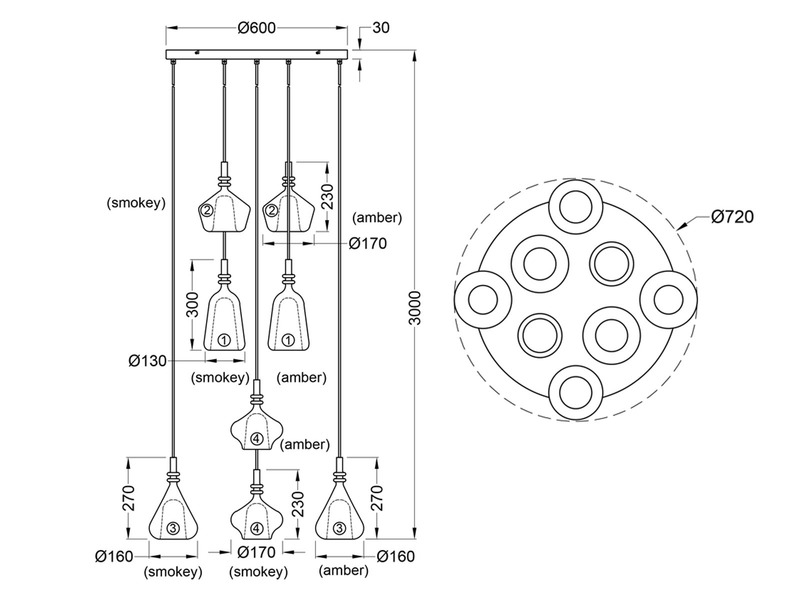 LED Cluster Pendelleuchte 8-flammig Glas Bernstein & Chrom verspiegelt, Ø 72cm
