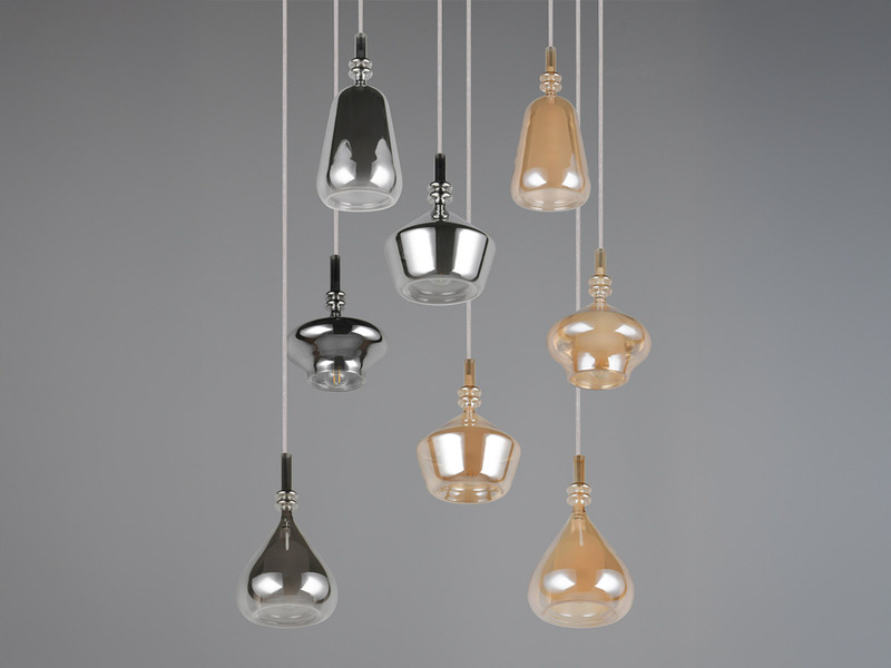 Pendelleuchte 8-flammig Glas Bernstein & Chrom verspiegelt mit E14 LED, Ø 72cm