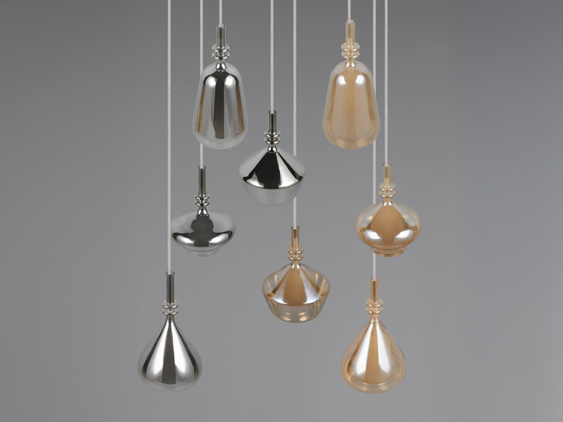 Pendelleuchte 8-flammig Glas Bernstein & Chrom verspiegelt mit E14 LED, Ø 72cm