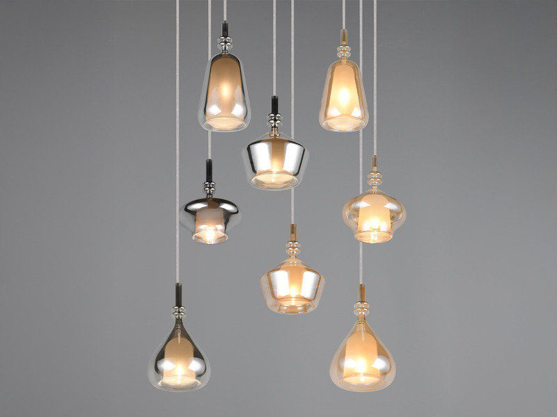 Pendelleuchte 8-flammig Glas Bernstein & Chrom verspiegelt mit E14 LED, Ø 72cm