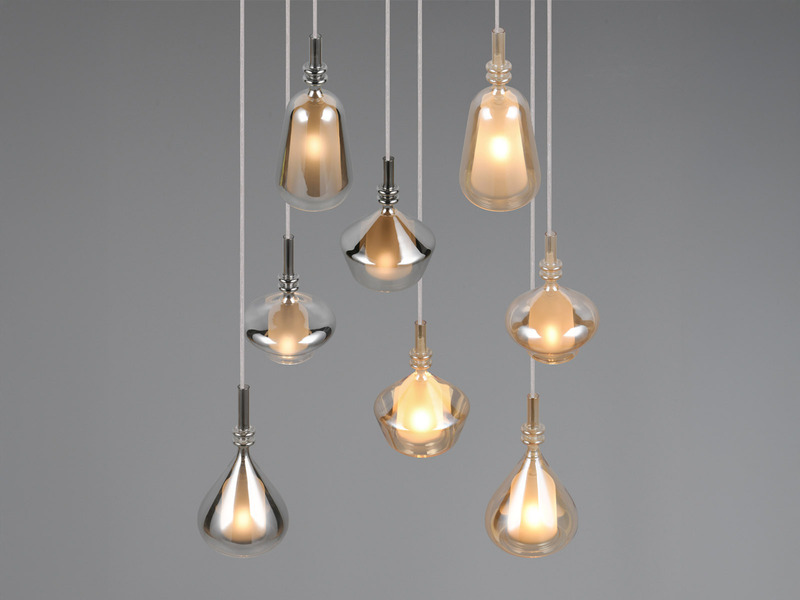 Pendelleuchte 8-flammig Glas Bernstein & Chrom verspiegelt mit E14 LED, Ø 72cm