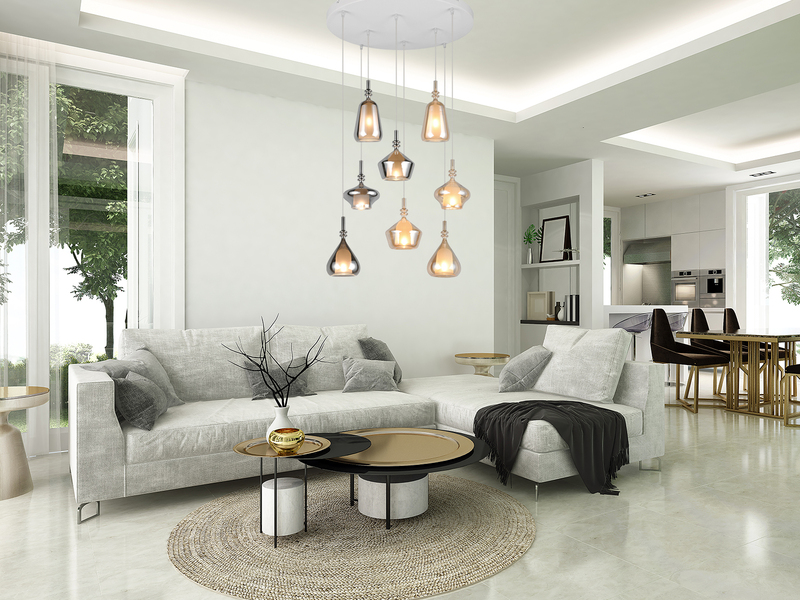 LED Cluster Pendelleuchte 8-flammig Glas Bernstein & Chrom verspiegelt, Ø 72cm