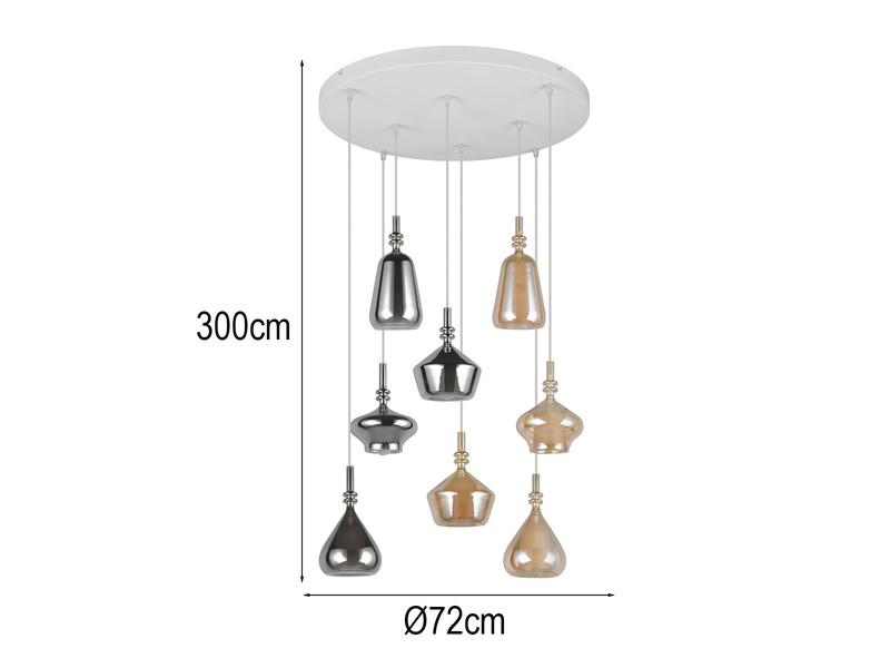 Pendelleuchte 8-flammig Glas Bernstein & Chrom verspiegelt mit E14 LED, Ø 72cm