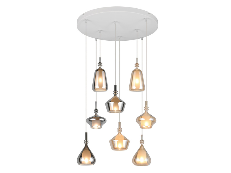 Pendelleuchte 8-flammig Glas Bernstein & Chrom verspiegelt mit E14 LED, Ø 72cm
