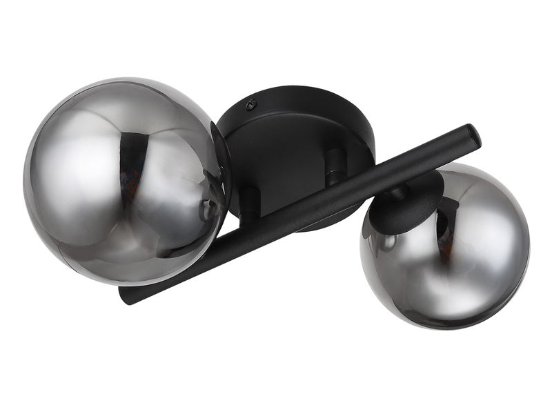 Wandleuchte RIHA Schwarz 2-flammig mit Glaskugeln Rauchglas, Höhe 24cm
