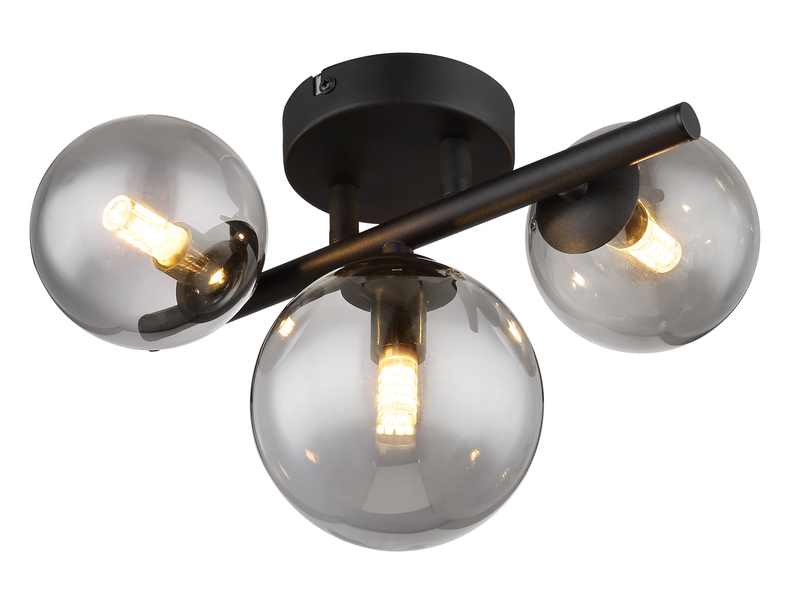 Deckenleuchte RIHA Schwarz 3-flammig mit Glaskugeln Rauchglas, Breite 28cm