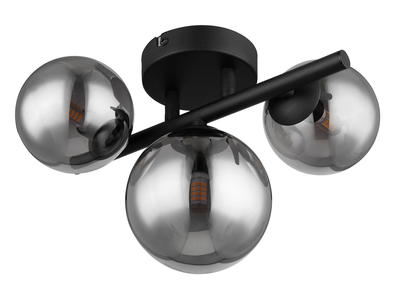 Deckenleuchte RIHA Schwarz 3-flammig mit Glaskugeln Rauchglas, Breite 28cm