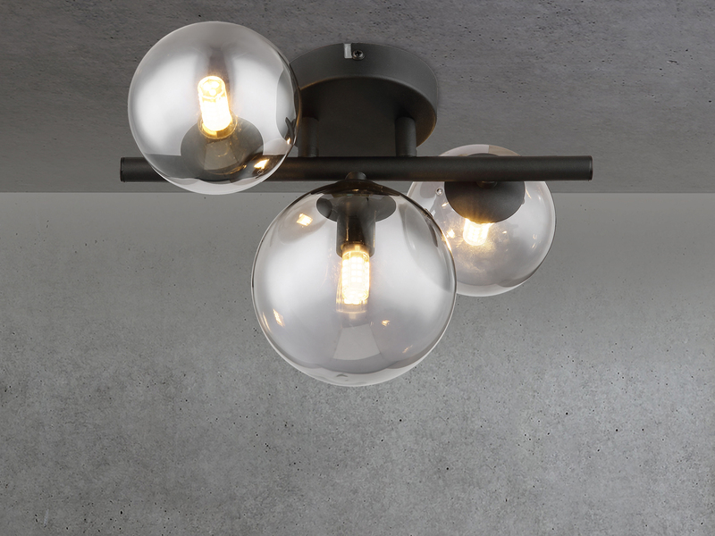 Deckenleuchte RIHA Schwarz 3-flammig mit Glaskugeln Rauchglas, Breite 28cm