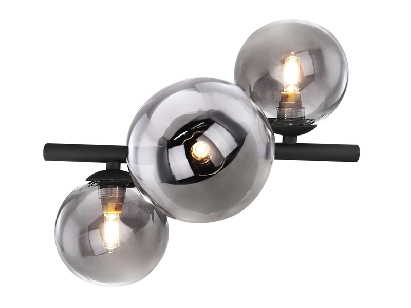 Deckenleuchte RIHA Schwarz 3-flammig mit Glaskugeln Rauchglas, Breite 28cm