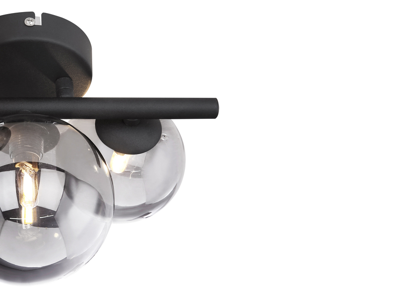 Deckenleuchte RIHA Schwarz 3-flammig mit Glaskugeln Rauchglas, Breite 28cm