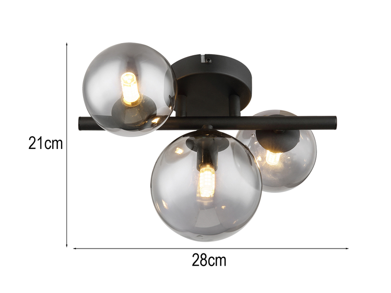 Deckenleuchte RIHA Schwarz 3-flammig mit Glaskugeln Rauchglas, Breite 28cm