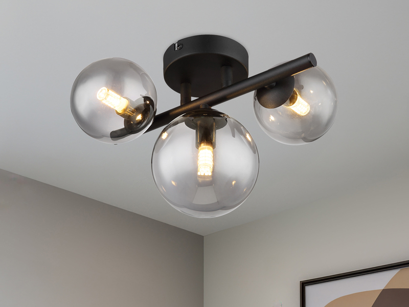 Deckenleuchte RIHA Schwarz 3-flammig mit Glaskugeln Rauchglas, Breite 28cm