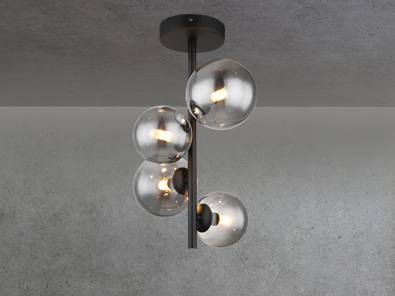 Deckenleuchte RIHA Schwarz 4-flammig mit Glaskugeln Rauchglas, Höhe 40cm
