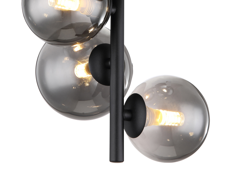 Deckenleuchte RIHA Schwarz 4-flammig mit Glaskugeln Rauchglas, Höhe 40cm