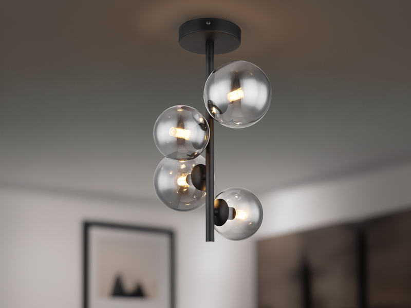 Deckenleuchte RIHA Schwarz 4-flammig mit Glaskugeln Rauchglas, Höhe 40cm