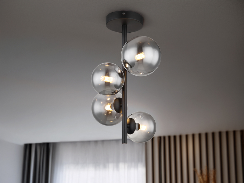 Deckenleuchte RIHA Schwarz 4-flammig mit Glaskugeln Rauchglas, Höhe 40cm