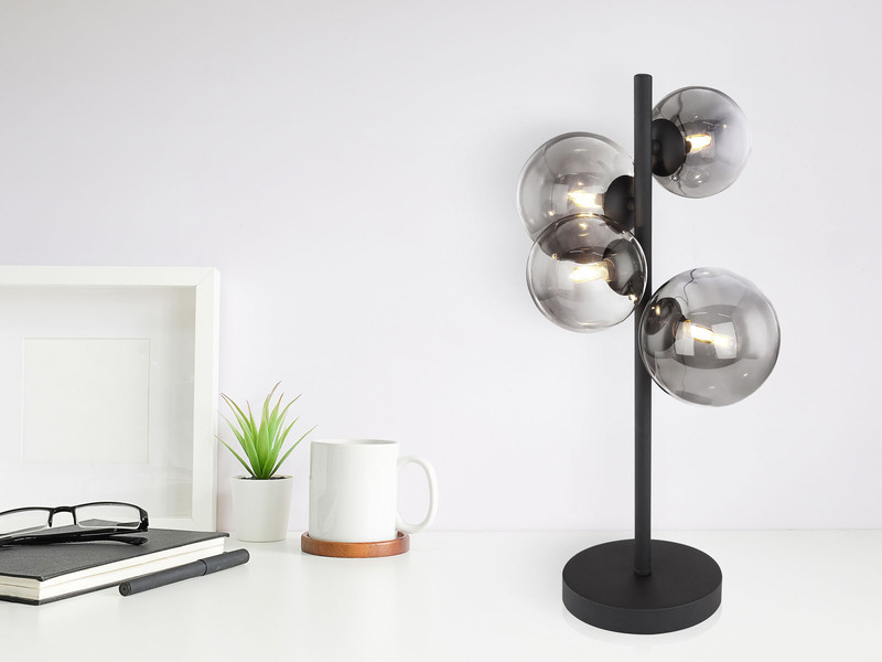 Große Tischleuchte RIHA Schwarz 4-flammig mit Glaskugeln Rauchglas, Höhe 51cm