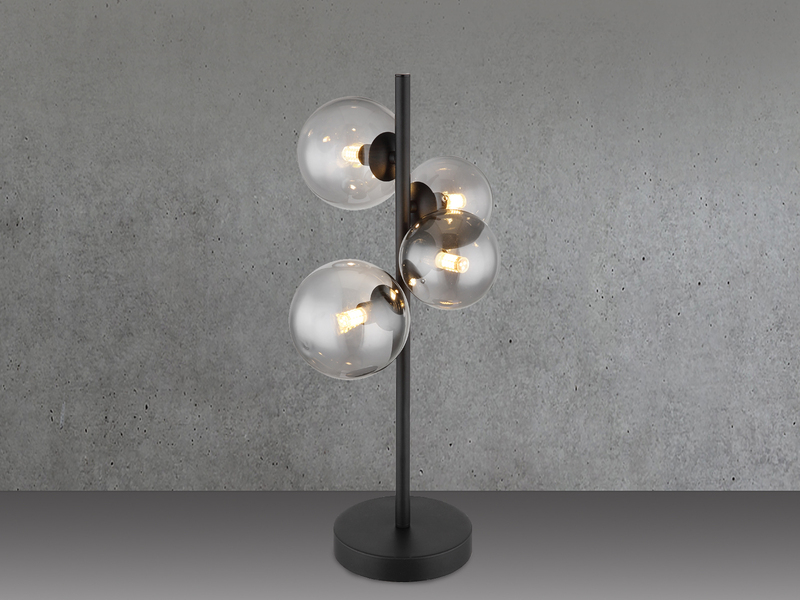 Große Tischleuchte RIHA Schwarz 4-flammig mit Glaskugeln Rauchglas, Höhe 51cm